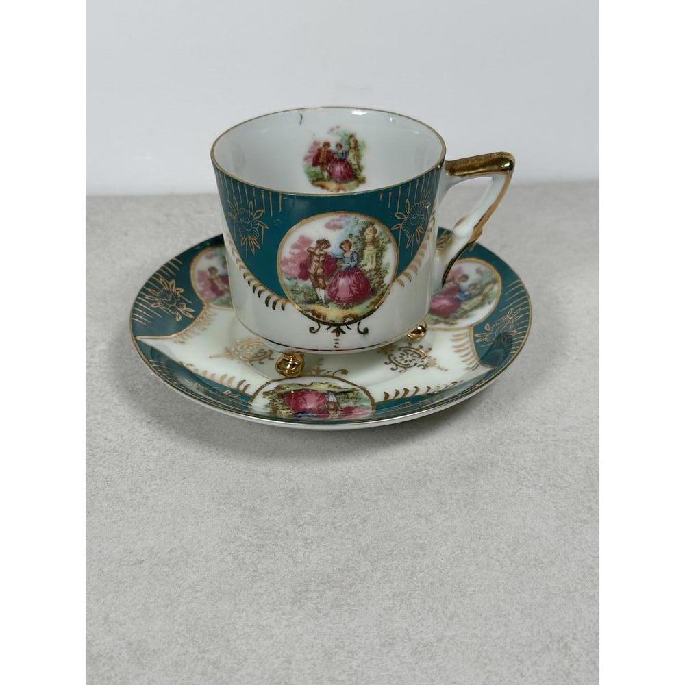 VTG Royal Sealy Japan Footed Demitasse Cup & Saucer Teal Gold Courting Scene